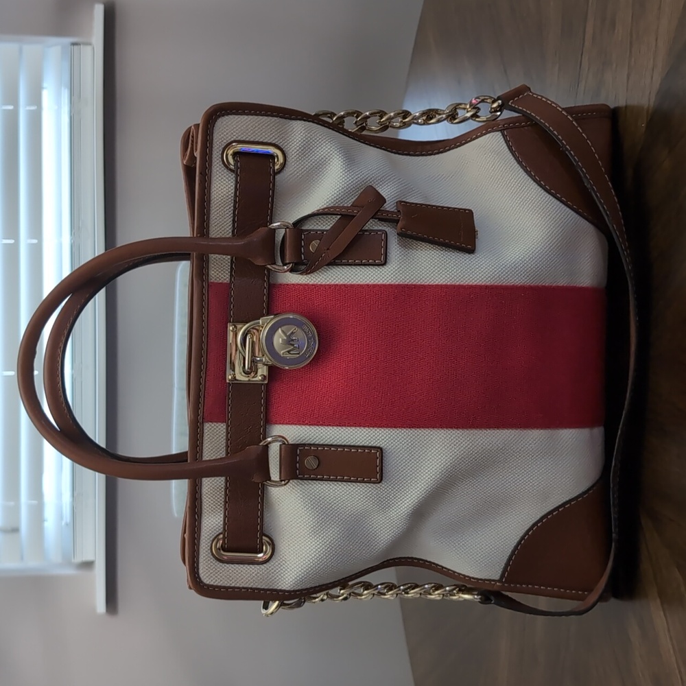 Michael Kors Large Hamilton Canvas and Leather Bag With Orange Stripe